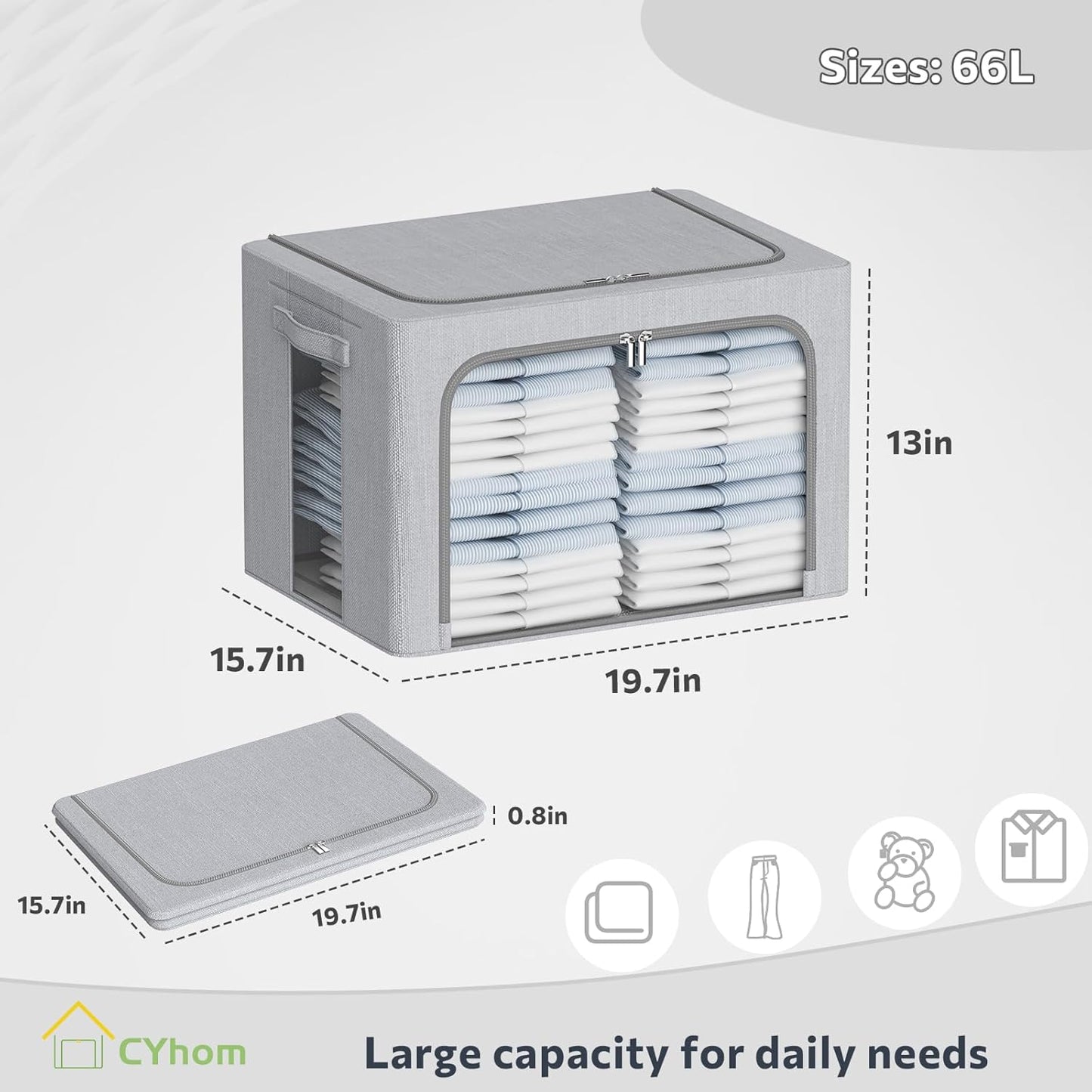 Clothes Storage Bins Box - Foldable Stackable Container Organizer Set with Clear Window & Carry Handles & Metal Frame - 2Pack Large Capacity for Bedding, Blankets, Books