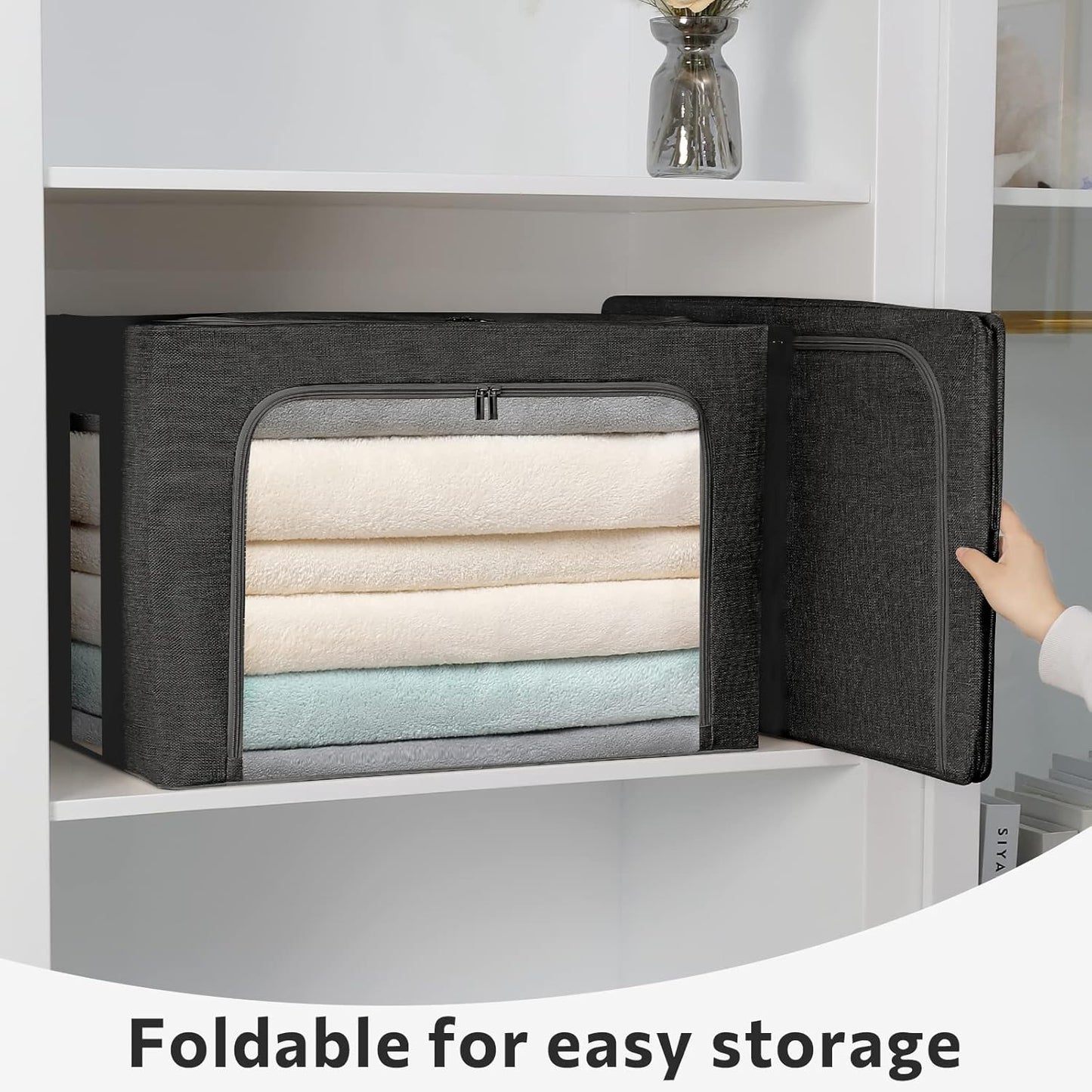 FHSQX 2 Pack Clothes Storage Bins Foldable Metal Frame Storage Box Linen Fabric Organizer Set with Carrying Handles and Clear Window (Black, 15.7x 11.8x 7.8Inch)