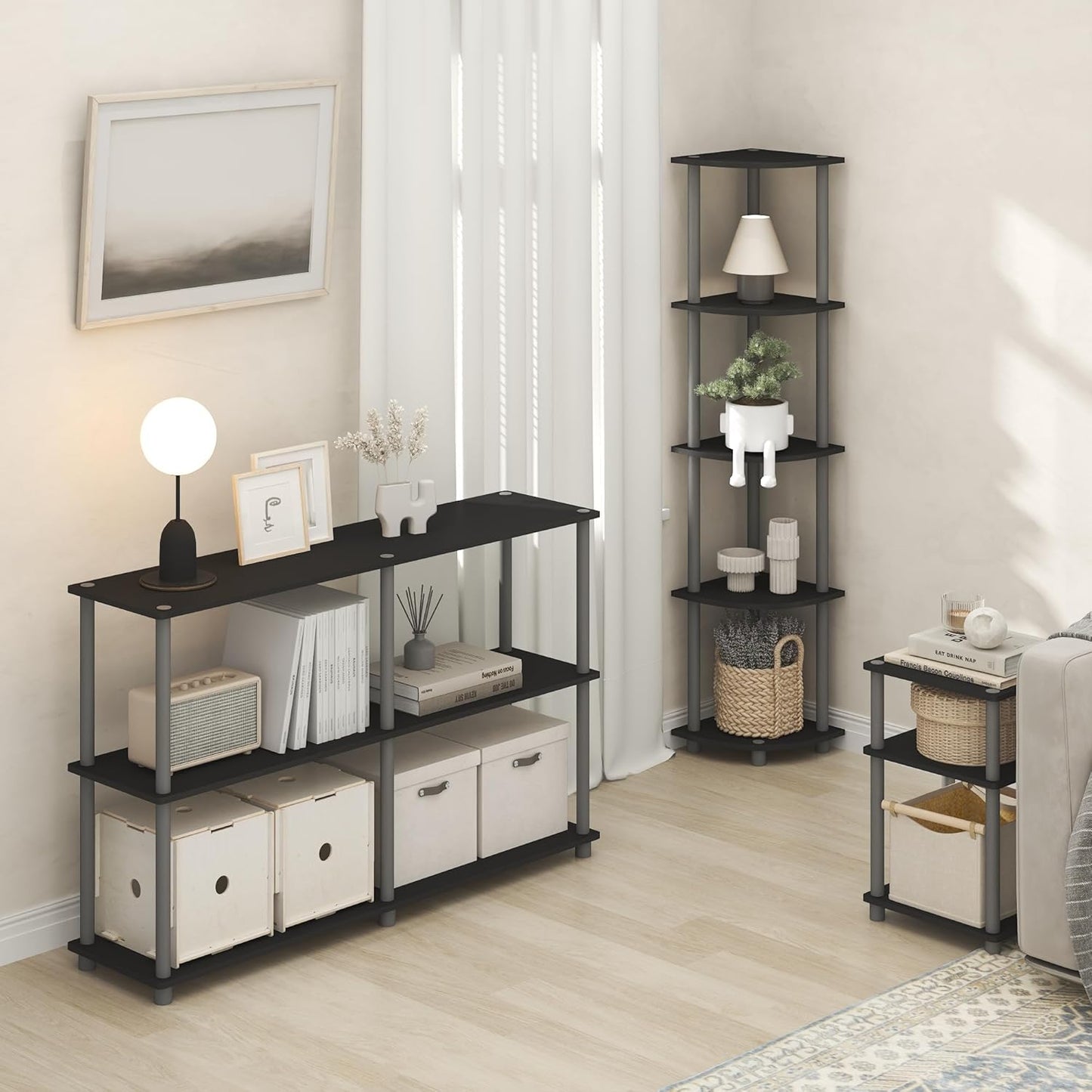 Furinno Turn-N-Tube Corner Shelf, 5-Tier Corner Bookshelf, Open Storage Shelves, for Organization and Storage, Living Room, Home Office, Garage, Bedroom, Plain Black