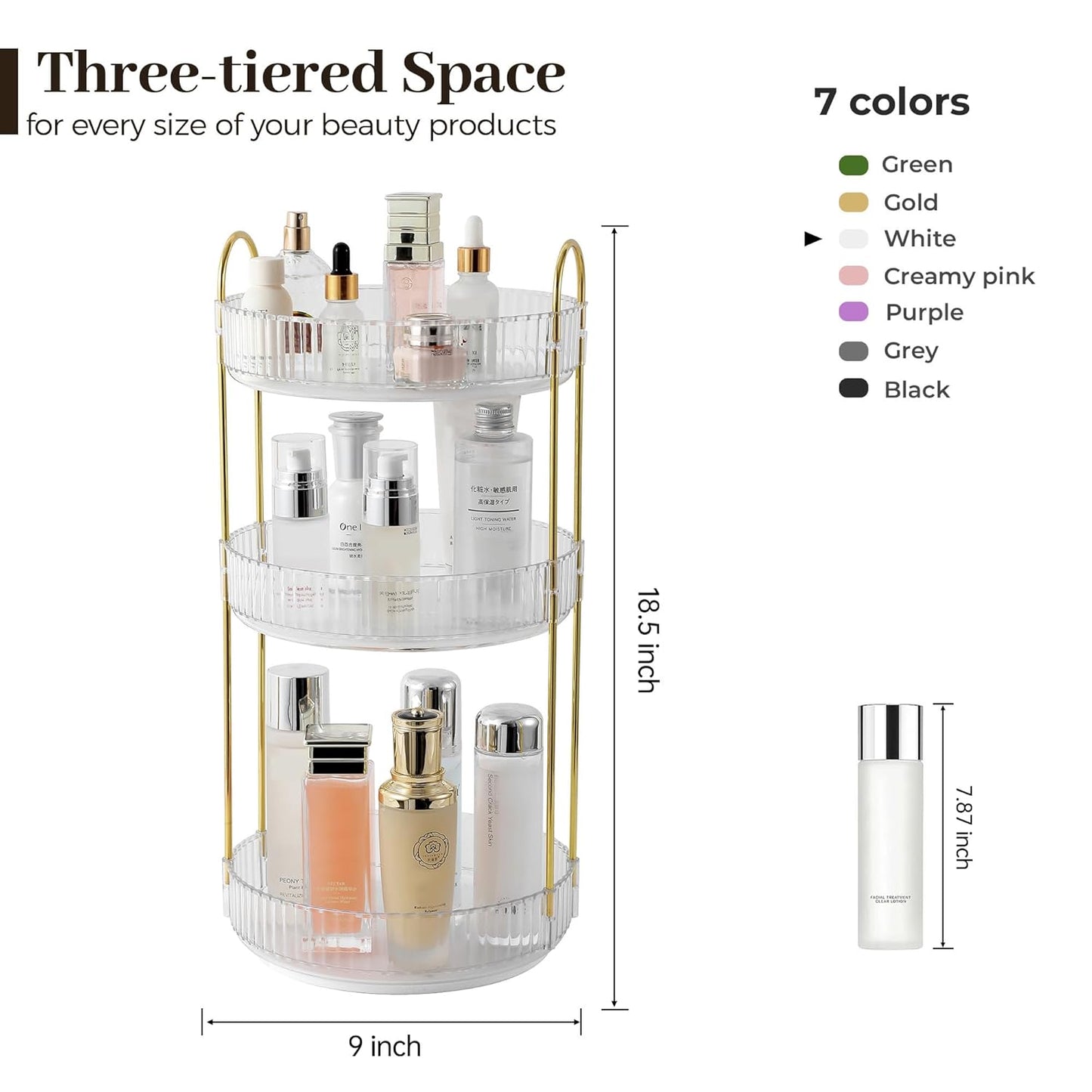 Aveniee Rotating Makeup Organizer for Vanity, 3 Tier Perfume Skincare Organizers and Storage for Bathroom Countertop, Clear Spinning Counter Cosmetic Holder for Dresser,White