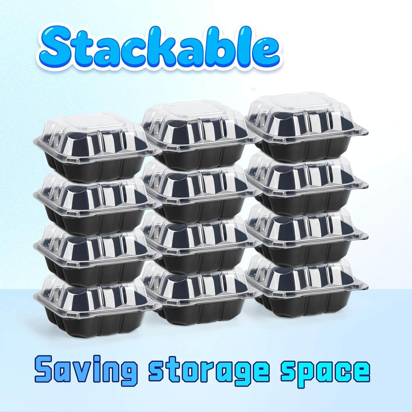 YANGRUI Plastic Containers 6" 17 oz 55 Pack - Reusable Crystal View Anti Fog Lid BPA Free PP Clamshell Food Container | Shrink Wrap Freezer & Microwave Safe | Catering Hotel Grade Black Burger Box