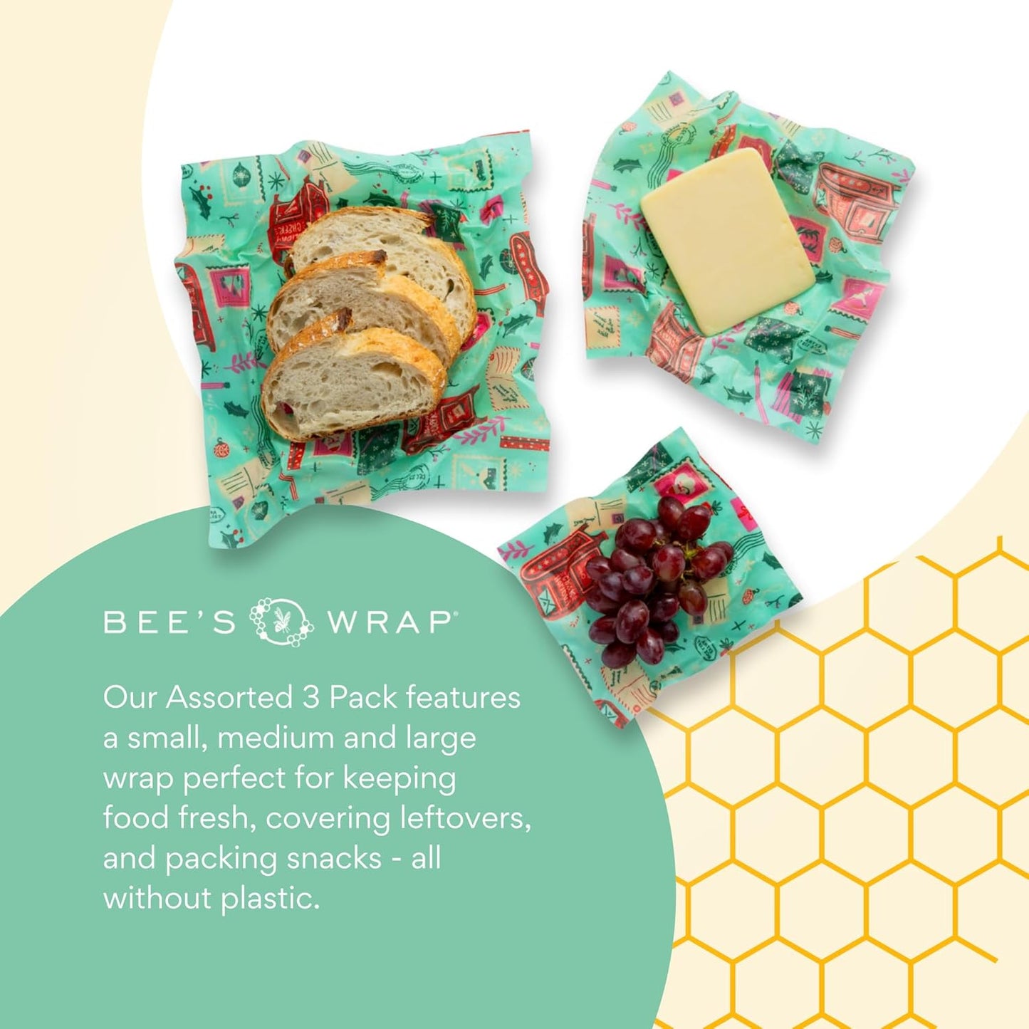 Bee's Wrap Beeswax Wraps for Food - Made in USA Reusable & Organic Food Wraps, Sandwich Wrap & Bowl Covers - Eco-Friendly Alternative to Aluminum Foil, Seasons Greetings 3 Pack (S, M, L)