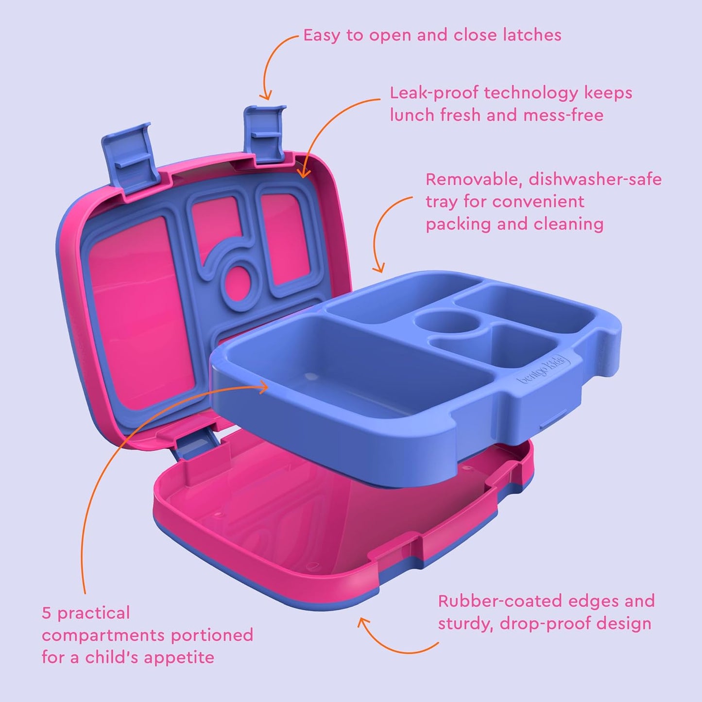 Bentgo Kids Bento-Style 5-Compartment Leak-Proof Lunch Box - Ideal Portion Sizes for Ages 3 to 7 - Durable, Drop-Proof, Dishwasher Safe, PFAS & BPA-Free & Made with Food-Safe Materials (Fuchsia)