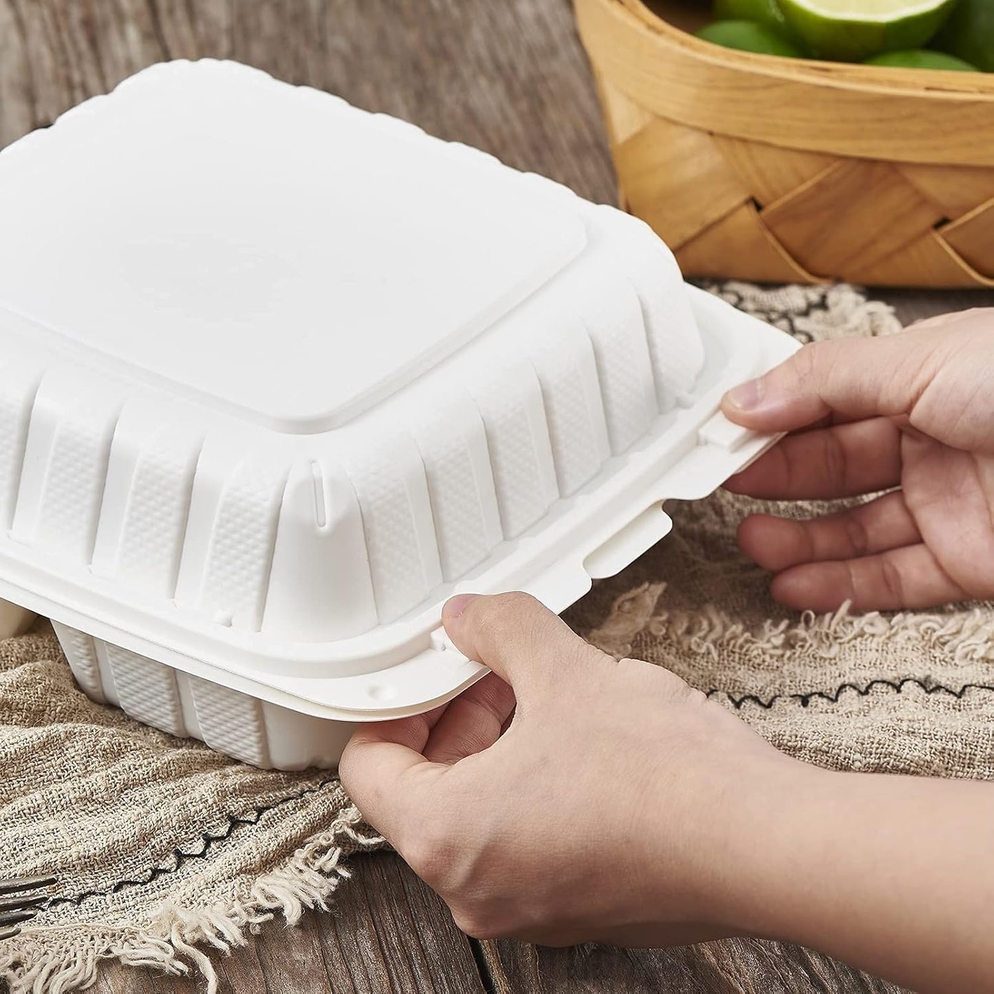 8X8" 3Compartment 50-Pack Plastic Clamshell Take Out Food Containers, Heavy Duty To-go Disposable Lunch Box For Cake, Sandwich, Salad, Dessert, Restaurant Meal Prep Packaging Catering Hinged Container