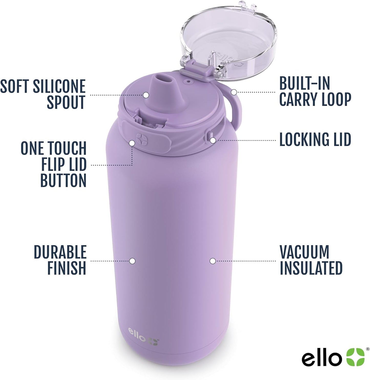 Ello Cooper 32oz Stainless Steel Water Bottle with Straw and Carry Handle, Double Walled and Vacuum Insulated Metal, Leak Proof Locking Lid with Soft Silicone Spout, Reusable, BPA Free, Lilac