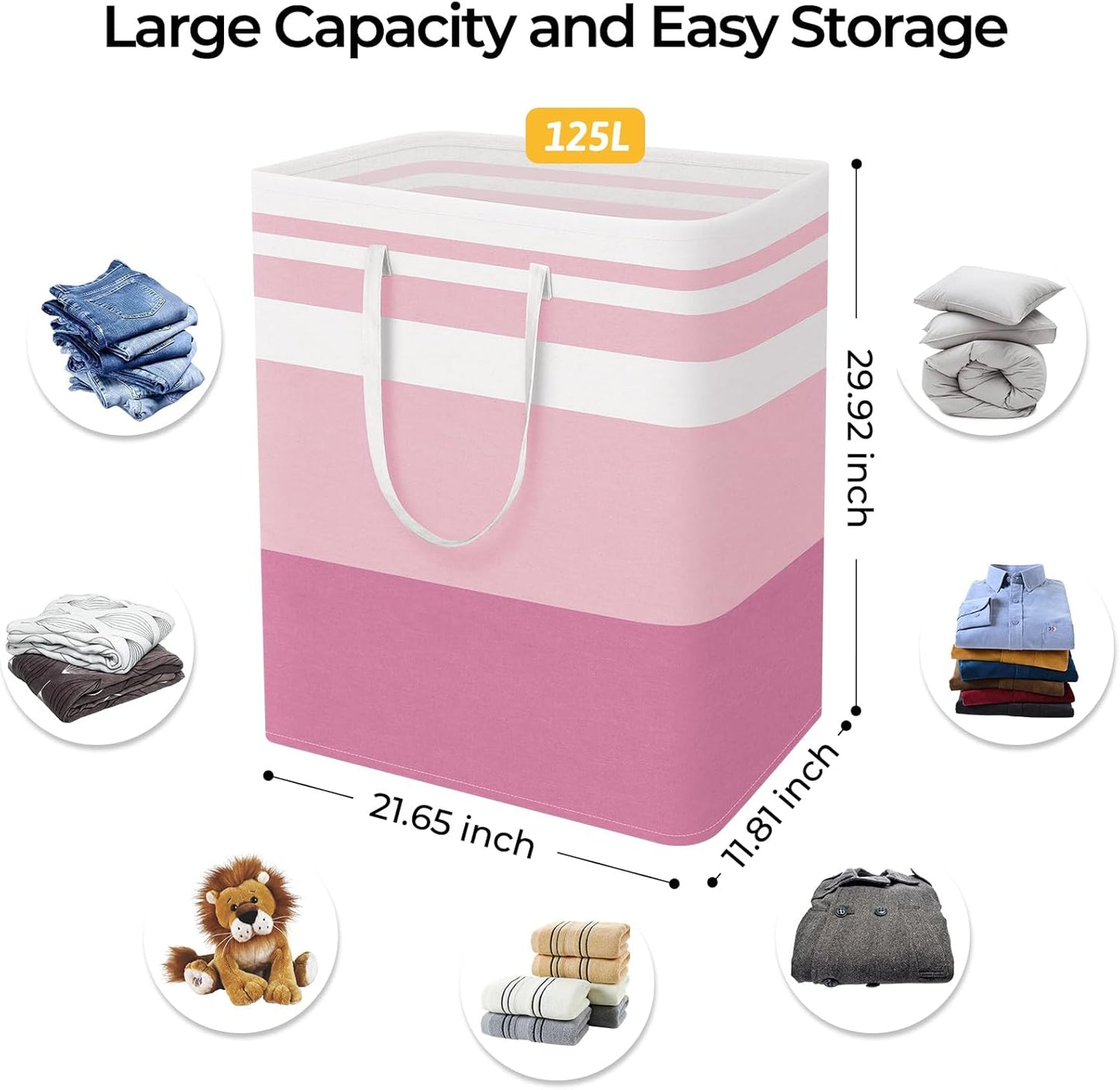 HomeHacks 2 Pack Large Laundry Baskets, Waterproof, Freestanding Laundry Hampers, Collapsible Clothes Hamper with Reinforced Handles in Laundry, College Dorm, Bathroom, Bedroom (Pink, 125Lx2)