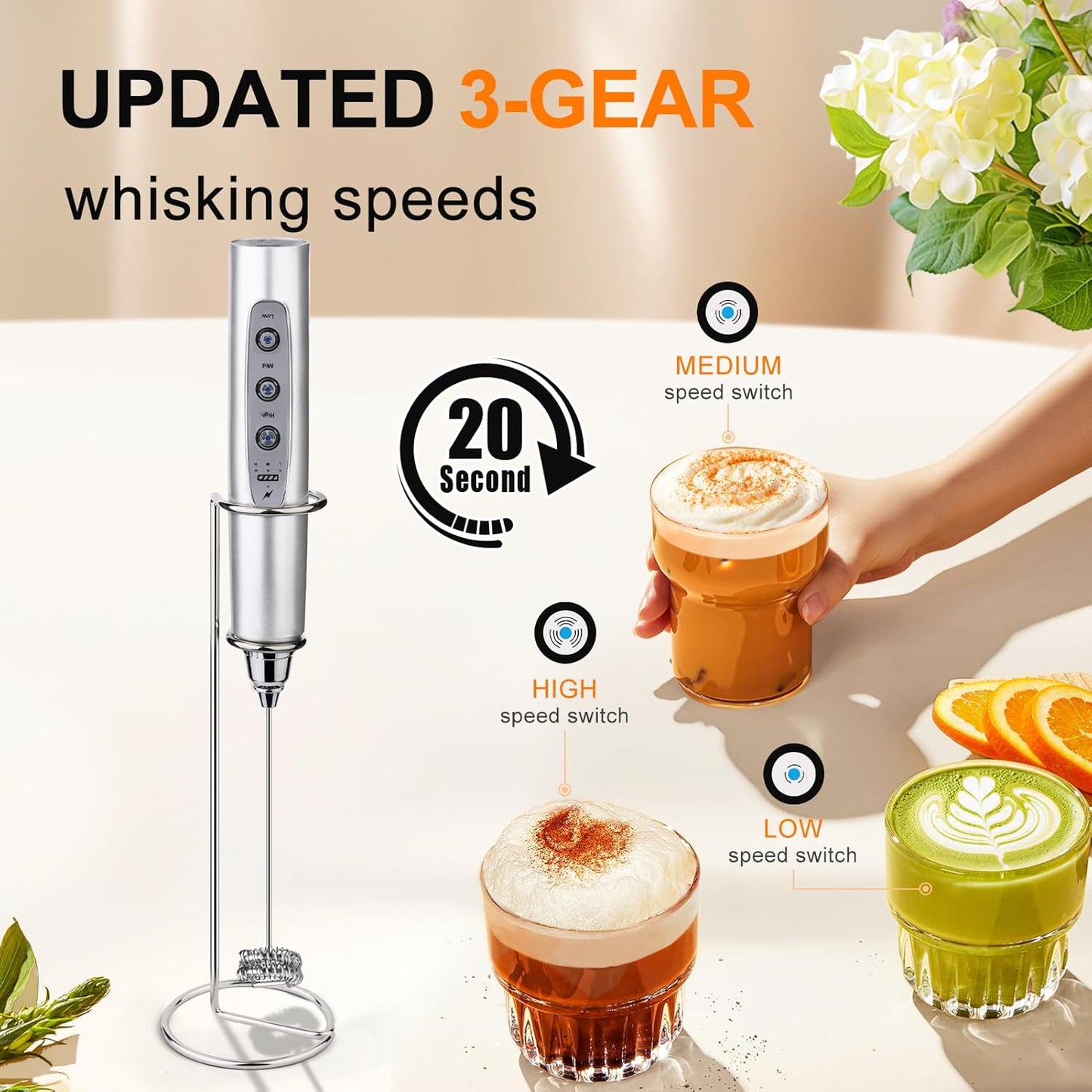 YUSWKO Silver Rechargeable Milk Frother for Coffee with Stand, Handheld Drink Mixer with 3 Heads 3 Speeds Electric Stirrers for Latte, Cappuccino, Hot Chocolate, Egg