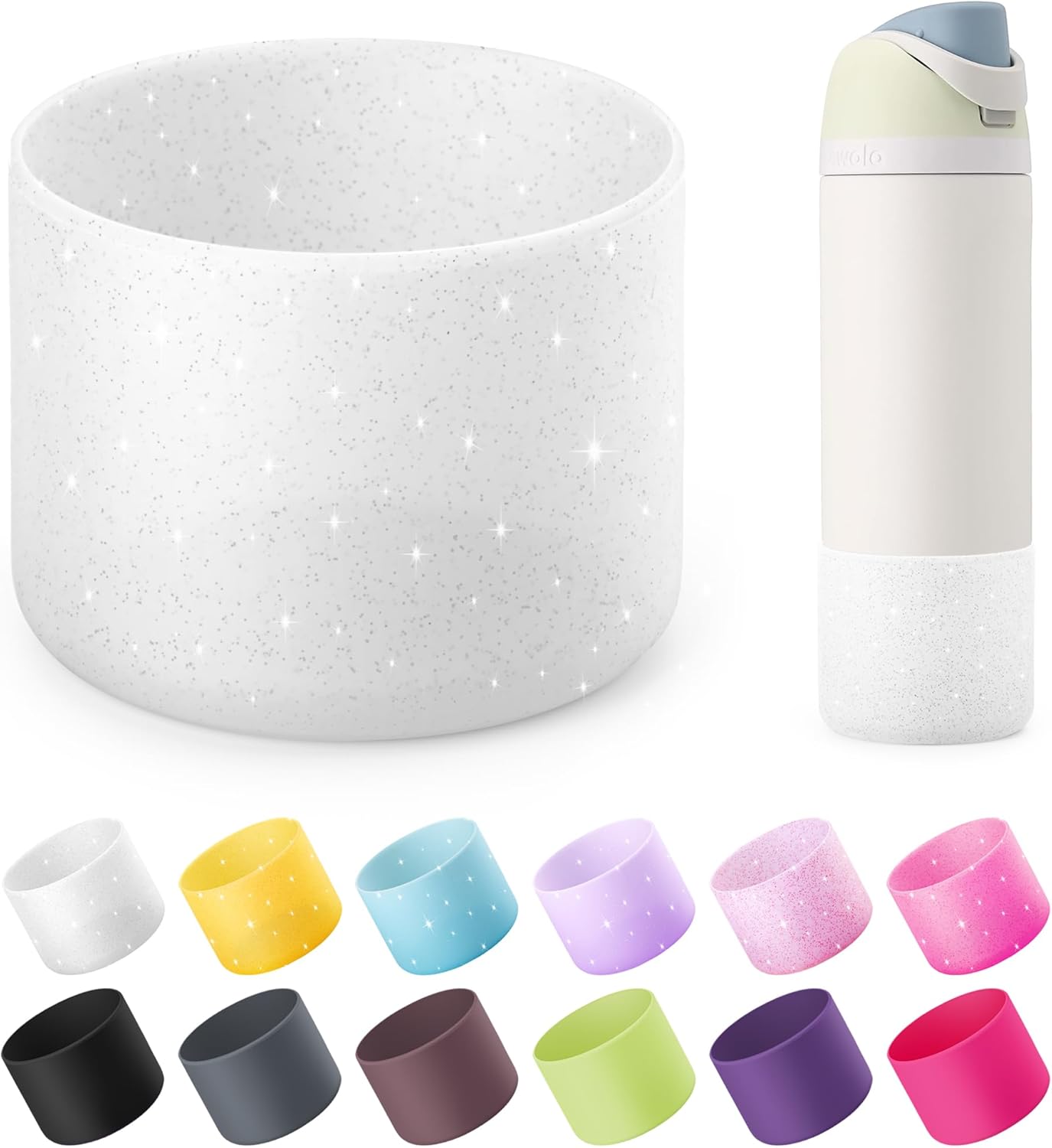 Silicone Boot for Owala 24 oz Water Bottles, Anti-Slip Protective Sleeve for Owala Twist & FreeSip & Flip Stainless Steel Water Bottle, Boot Bottom Base for Owala (Glitter White)