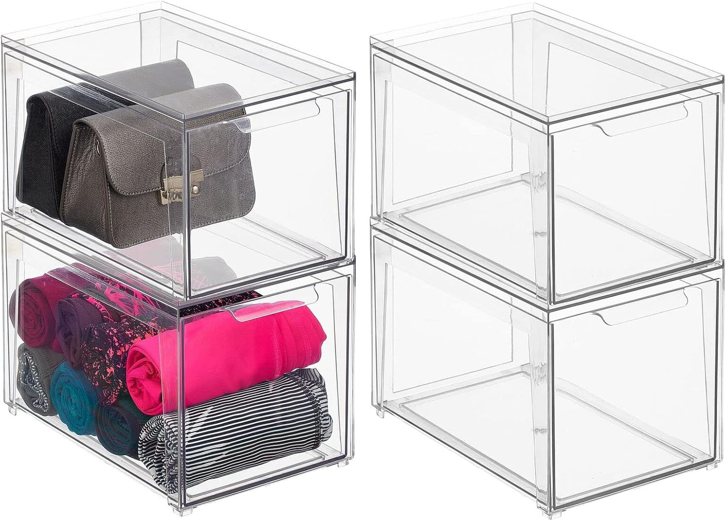 mDesign Plastic Stackable Closet Storage Organizer Bins with Pull Out Drawer for Cabinet, Desk, Shelf, Cupboard, or Dresser Organization - Lumiere Collection - 4 Pack - Clear