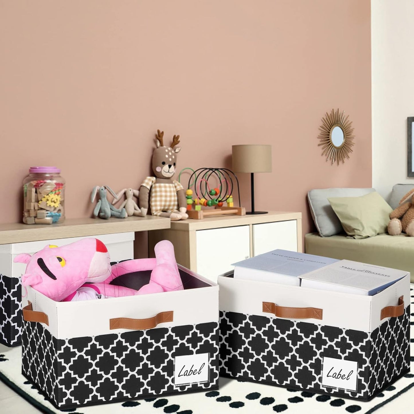 GhvyenntteS Extra Large Storage Bins with Lids, Foldable Fabric Storage Boxes with Lids and 3 Leather Handles, Sturdy Storage Baskets with Label Window (6 Pack, White&Lattice Black)