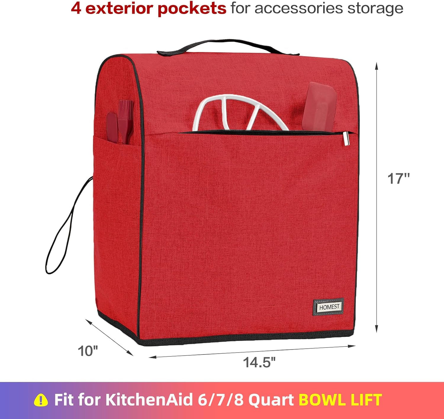 HOMEST Stand Mixer Cover Compatible with KitchenAid 6/7/8 Quart Bowl Lift，Dust Cover with Zipper Pocket for Accessories, Red (Patent Design)