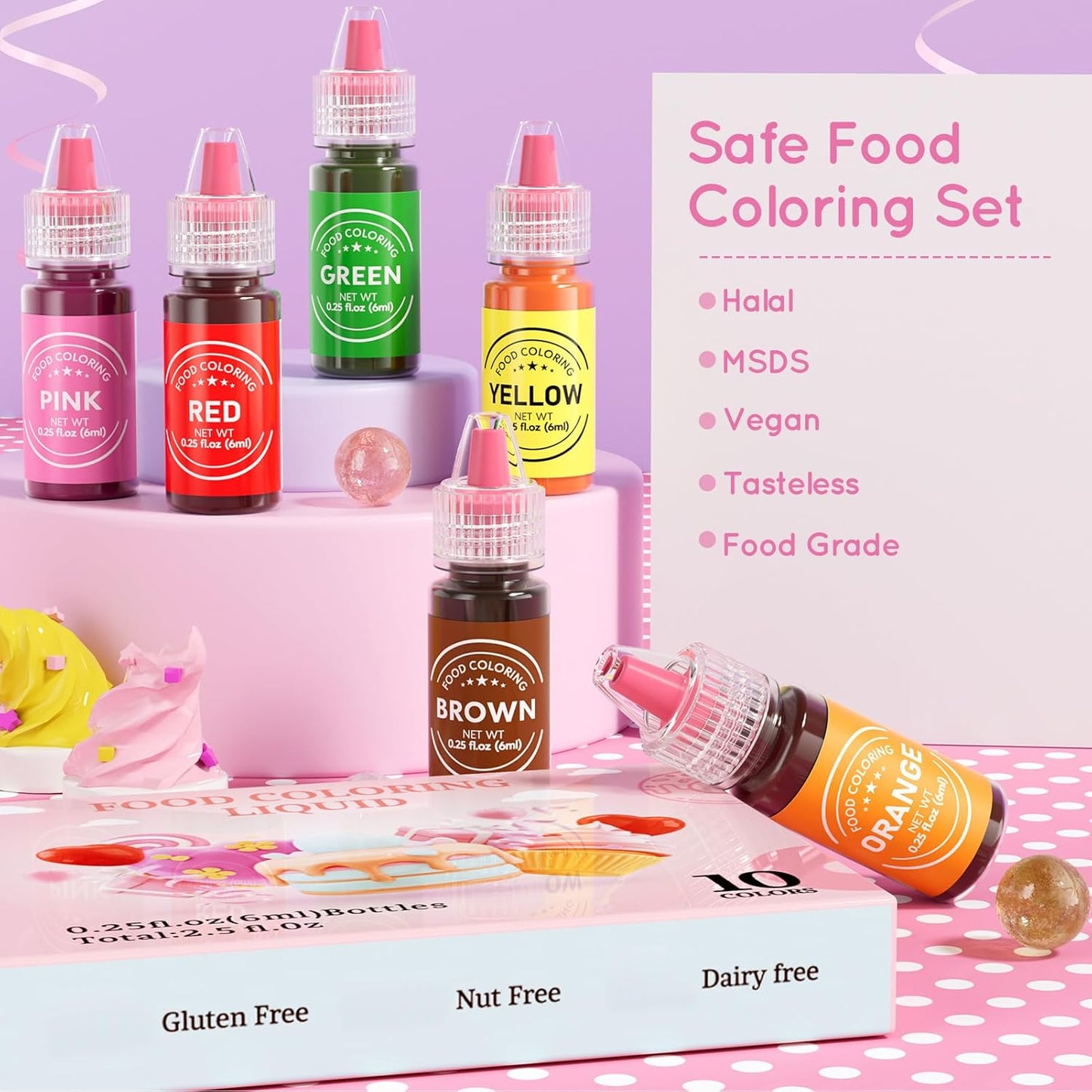 Food Coloring Liquid 10 Colors for Baking,Cherrysea Food Grade Cake Food Coloring Set for Halloween,Fondant,Cookies,Icing,Easter Egg Dessert Decorating Making DIY Supplies Kit- 0.25 Fl. oz (6