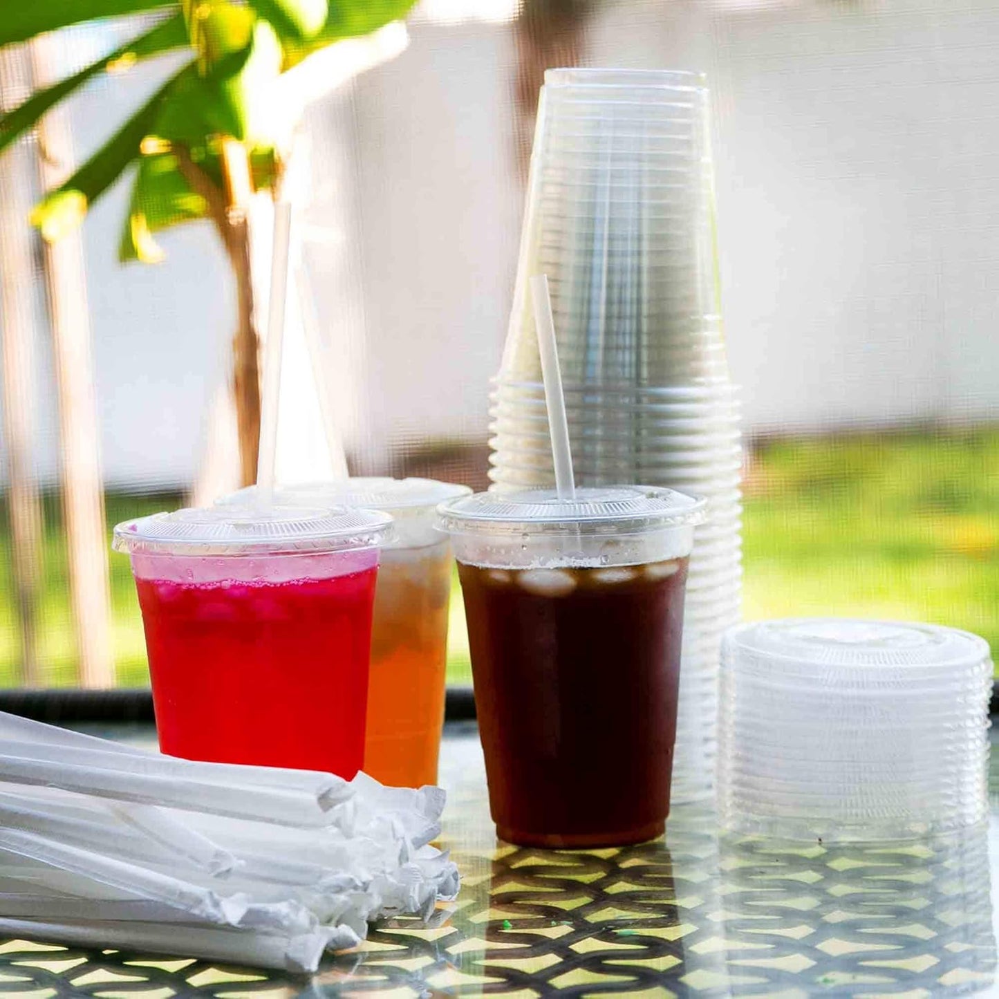 SafeWare Disposable 20oz Clear Plastic Cups with Flat Lids and Straws 400 Sets (4 box of 100)