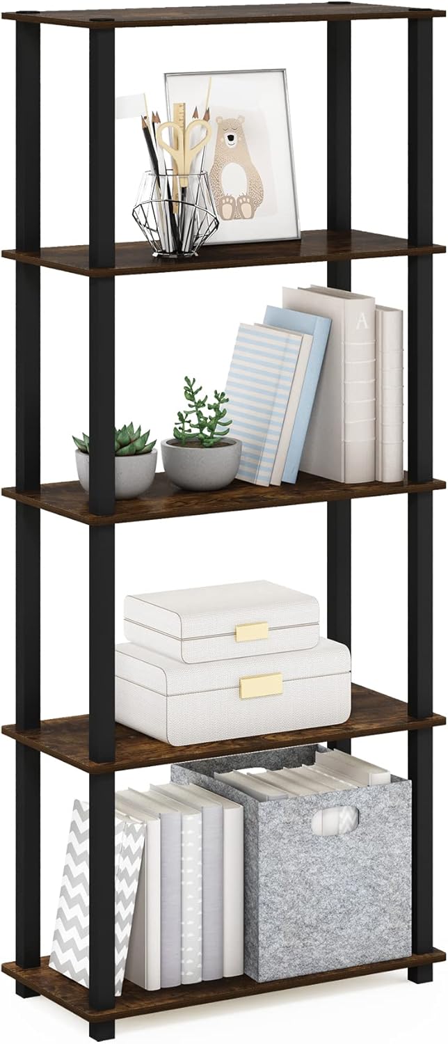 Furinno Turn-S-Tube 5-Tier Multipurpose Shelf Display Rack with Square Tubes, Amber Pine/Black