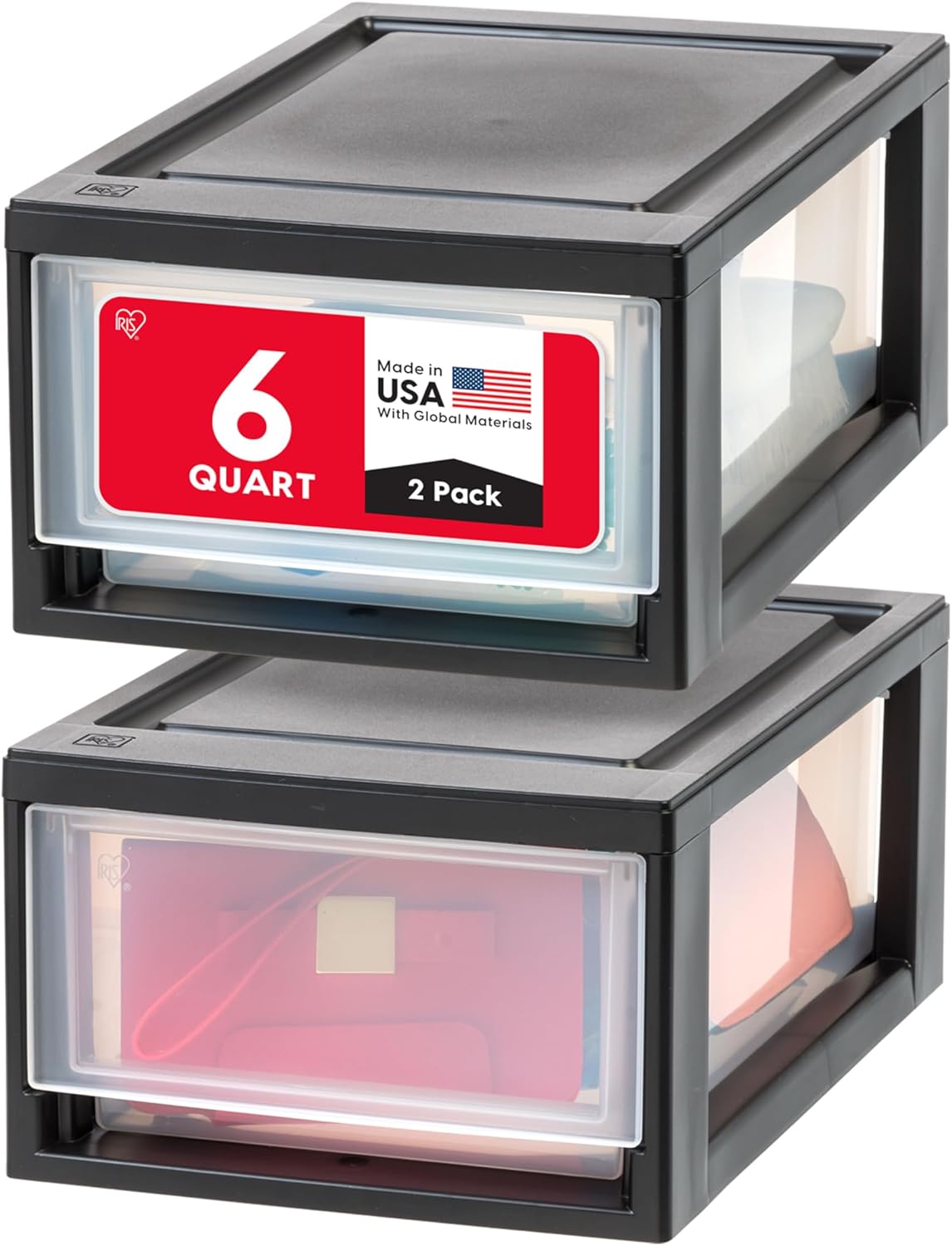 IRIS USA 6 Qt. Plastic Drawer Storage Organizer Stacking Drawers, 2-Pack, Stackable Unit with Sliding Drawer for Bedroom Kitchen Under Sink Pantry Craft Room Bathroom Dorm Office, Black