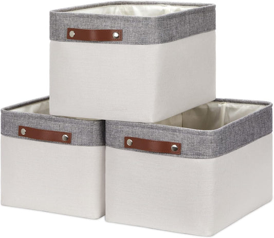 HNZIGE Large Storage Baskets for Shelves(3 Pack) Fabric Storage Toy Baskets with Handles, Decorative Foldable Storage Bins for Organizing (Gray&White-Leather Handles, 15"x11"x9.5")