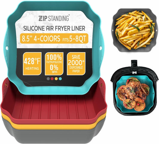 Silicone Air Fryer Liners Set OF 4, for 5-8QT Tray Baking Oven, 8.5” Reusable Square with Handles & Holes, Inserts, Accessories