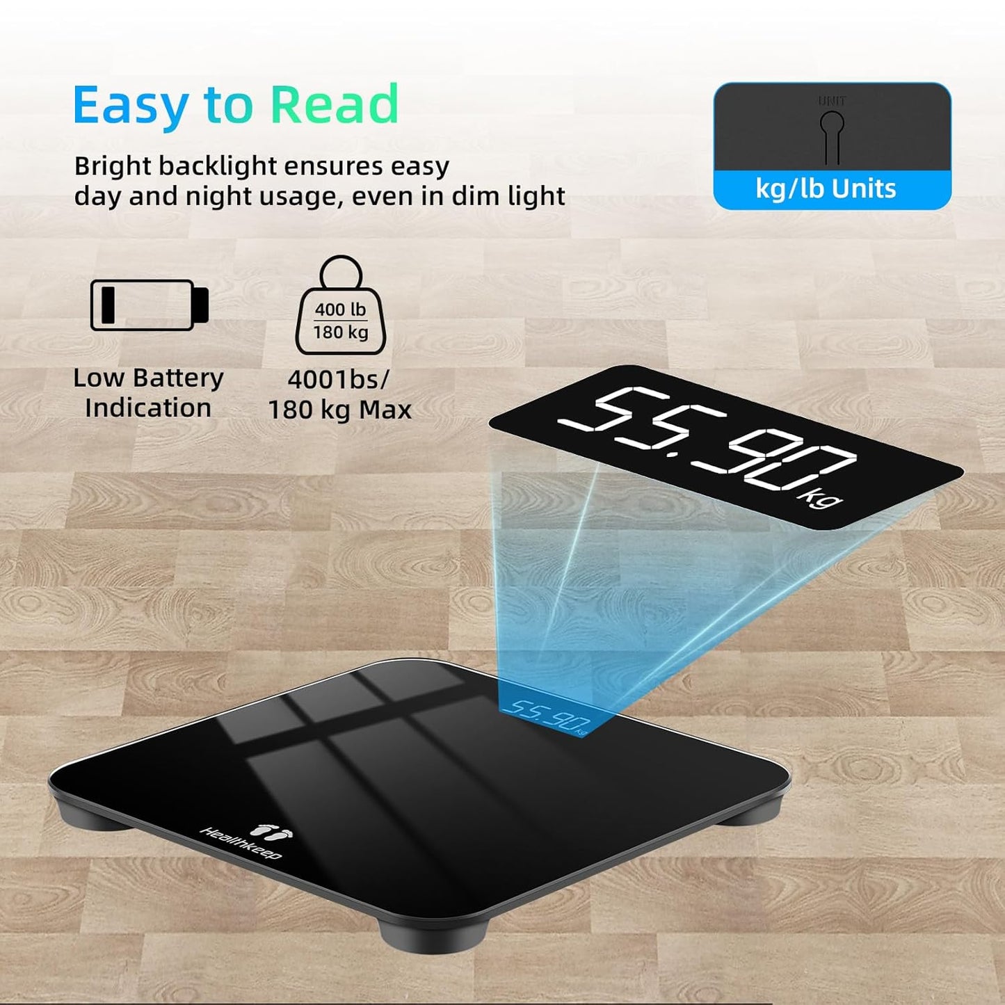 Digital Bathroom Scales for Body Weight, Weight Scale with High Precision Sensors Accurate Round Corner Design LED Display 400lbs/180kg