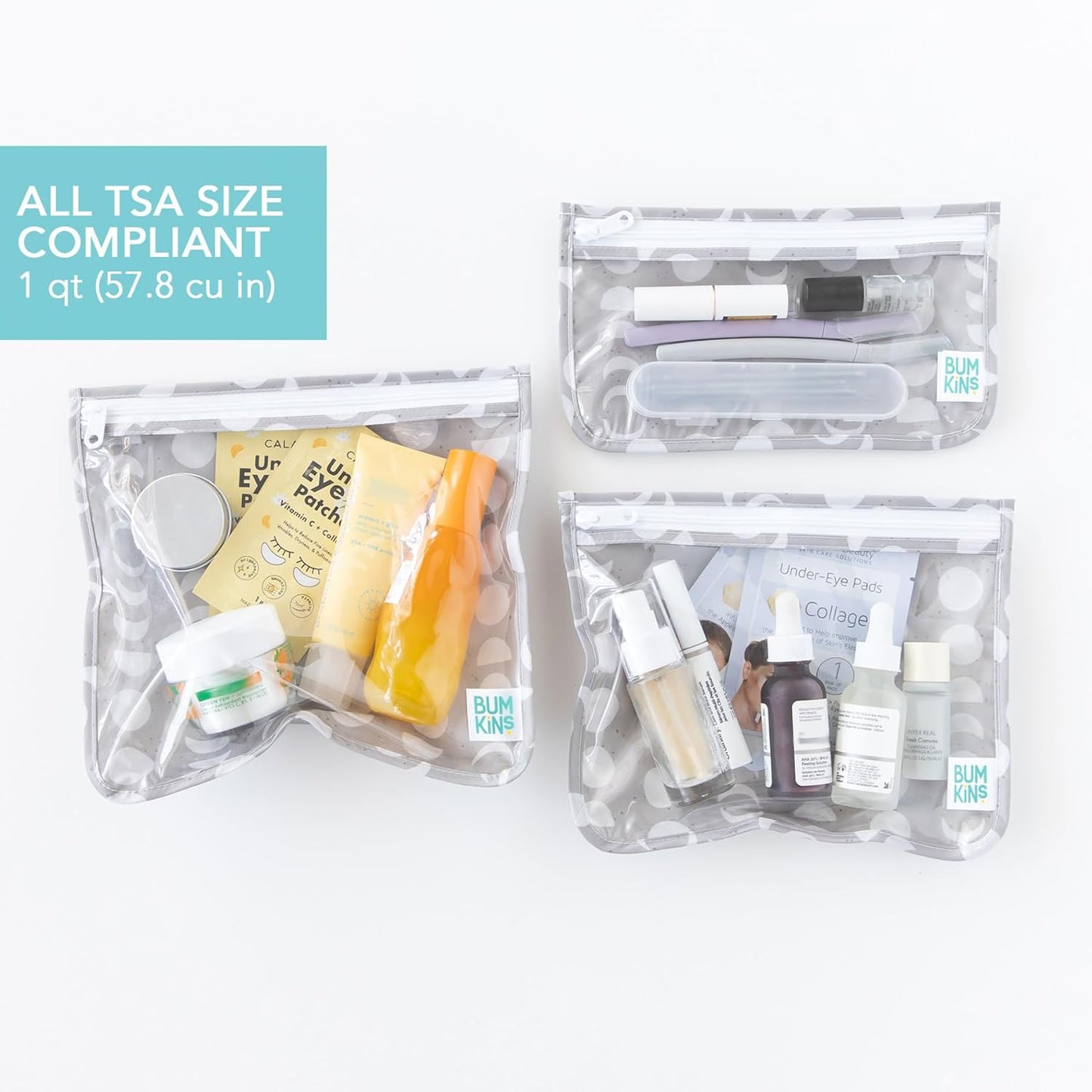 Bumkins Travel Bag, Toiletry, TSA Approved Packing Pouch, Zip Bag, Quart Size Airline Compliant, Clear-Sided, Set of 3 Sizes