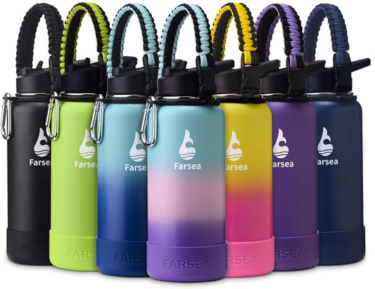 Farsea Insulated Water Bottle With Paracord Handle, Protective Boot and 2 Lids (Straw Lid & Spout Lid), Stainless Steel Water Bottle Wide Mouth, Double Wall Sweat-Proof BPA-Free, 32 oz