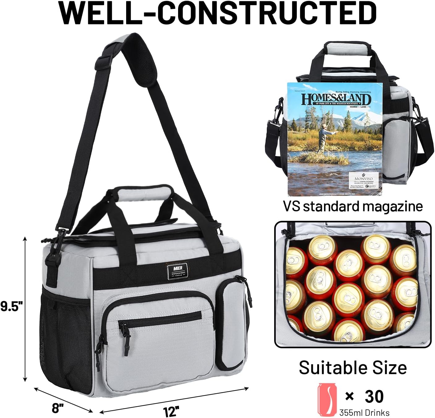 MIER Leakproof Insulated Cooler Lunch Bag for Adult Men Women 30 Can Cooler Bag with Top Flip Lid, 18L, Multiple Pockets (Grey-No Luggage Strap)