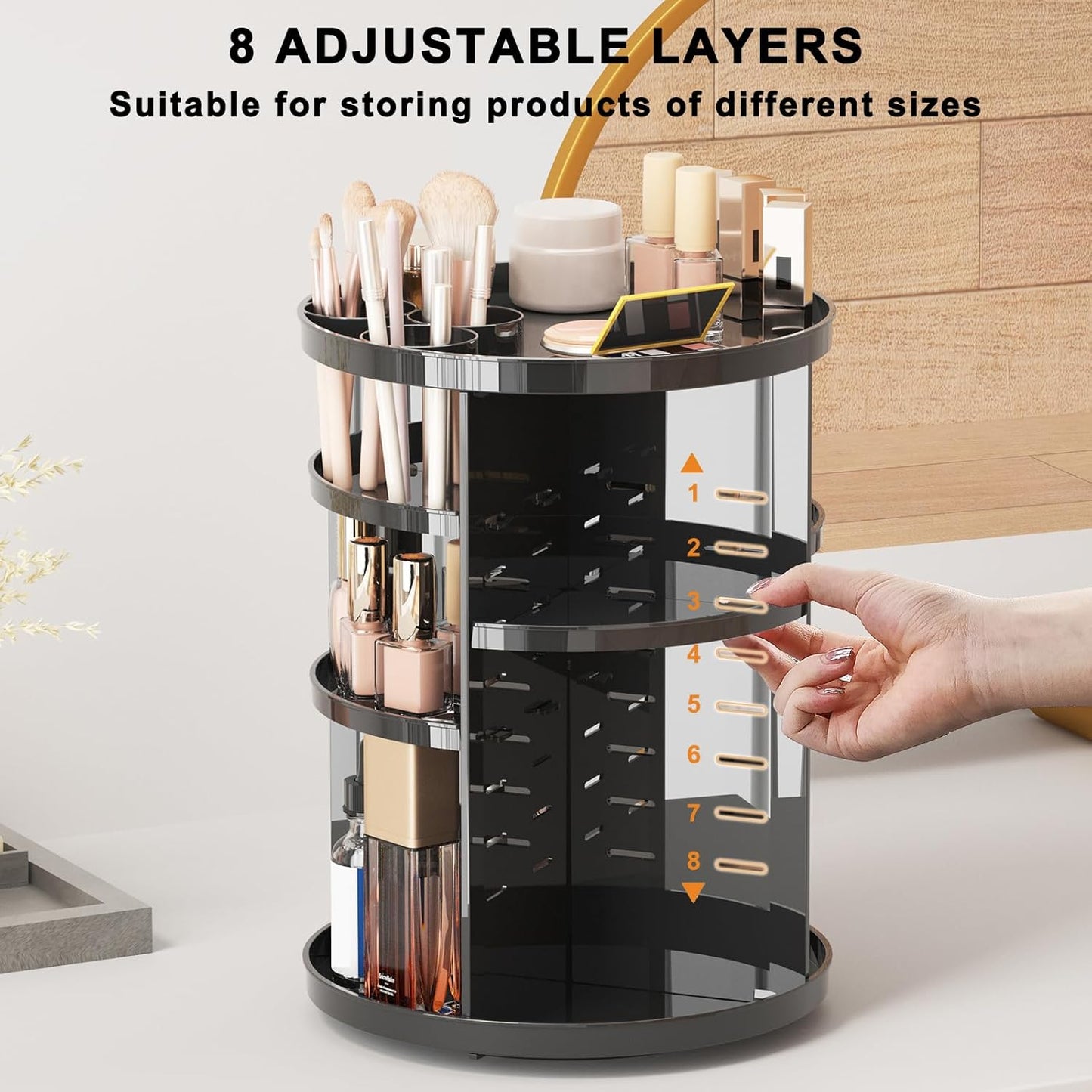 Rotating Makeup Organizer for Vanity, 360 Spinning Skincare Organizers with Adjustable Trays, Make Up Desk Storage Carousel Rack, Cosmetic Display Cases for Dresser Bathroom Countertop