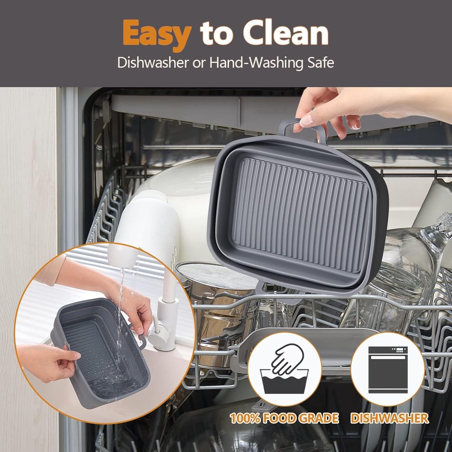 Collapsible 2-Pack Air Fryer Silicone Liners for 10QT NINJA Foodi Dual, Rectangular Air Fryer Silicone Pot, Reusable Silicone Air Fryer Basket for Air Fryer Accessories (Gray)