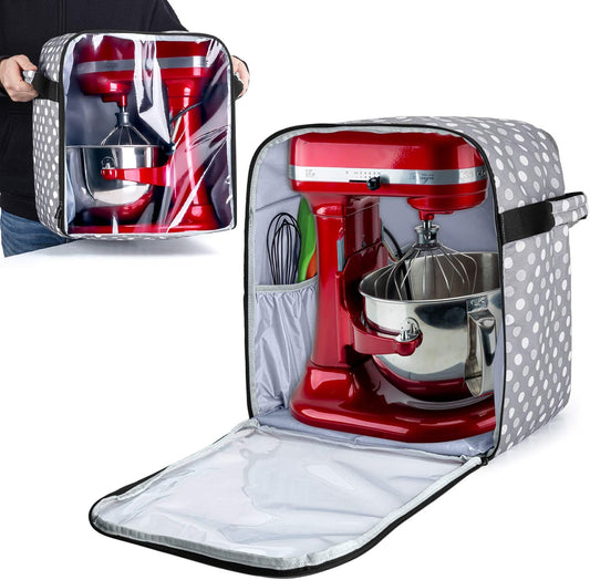Luxja Dust Cover Compatible with 6-8 Quart KitchenAid Mixers (with a Bottom Padding Pad), Dust Cover (Clear Front Panel) for Stand Mixers and Extra Accessories, Gray Dots(Patented Design)