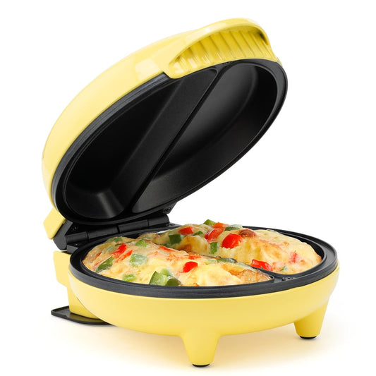 Holstein Housewares Stainless Steel 2 Section Omelet & Frittata Maker, Non Stick Coating, Easy To Clean, Indicator Lights, Compact Storage, Prepare Versatile Recipes in Minutes. 2 Portions, Yellow