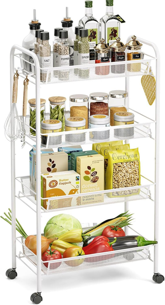 TOOLF 4-Tier Rolling Cart, Metal Utility Cart with 3 Hooks, Easy Assemble Mobile Storage Trolley On Wheels, Metal Shelving Units Kitchen Bathroom Laundry Room