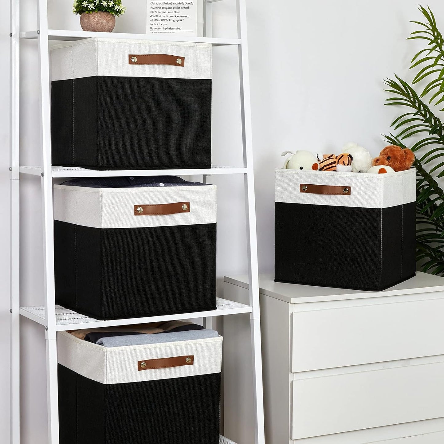 Temary Fabric Storage Bin 4 Pack Cube Storage Bin for Shelf Fabric Cube Storage Basket 13 Inch Cube Storage Bins Foldable Storage Cubes with Leather Handles(White&Black)