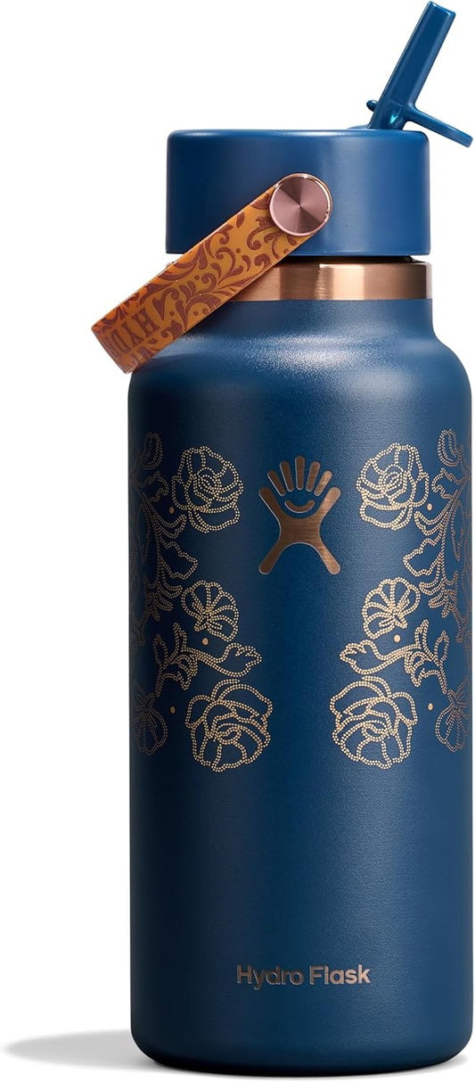 Hydro Flask Water Bottle - Insulated Stainless Steel - Wide Mouth Flex Straw Lid, Non Spill, Leakproof and Refillable in 32 Oz Western Dark Blue