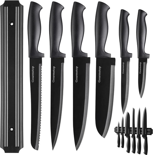 Kitchen Knife Set with No Drilling Magnetic Strip for Kitchen Black Titanium Small Cooking Knives, Sharp Stainless Steel Chef Knife Set for Cutting Meat & Vegetable