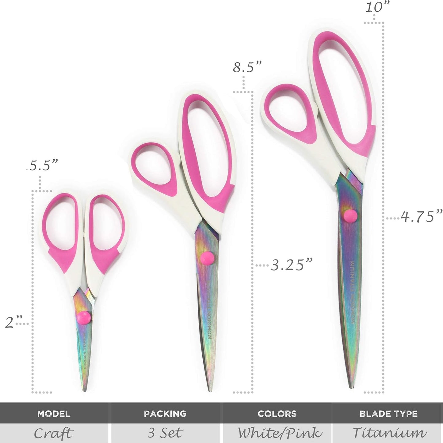 BambooMN Titanium Softgrip Scissors Set for Sewing, Arts, Crafts, Office - 30 Sets of 3 - White w/Pink Inlays