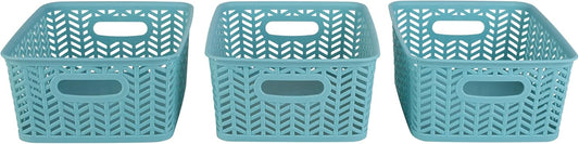 Simplify 3 Pack Small Herringbone Storage Basket, Dimensions: 10"x8"x4", Herringbone Design, Light Weight, Great for Bathroom, Kitchen, Office, Closet, 2 Open Handles, Dusty Blue