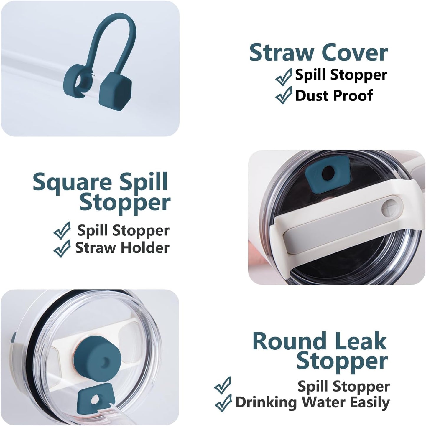 Silicone Spill Stopper Set Compatible with Stanley Cup 2.0 30oz & 40oz with Straw Cover (Set of 2, Blue Spruce)