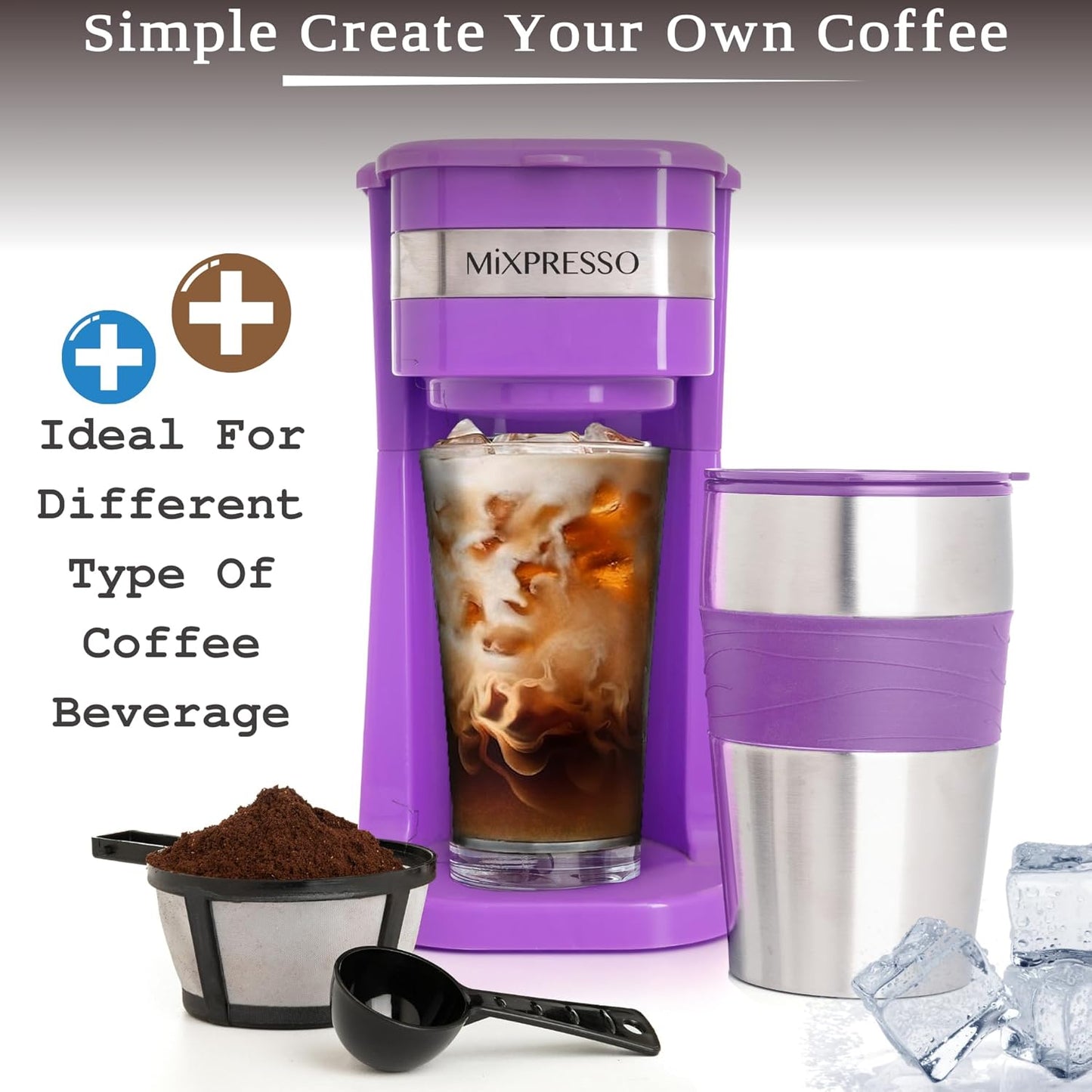 Mixpresso Purple Personal Single Serve Coffee Maker with 14oz Travel Mug, Drip Small Coffee Maker with Auto Shut Off, Reusable Filter, Works with Ground Coffee Only – Not for K-Cup Pods