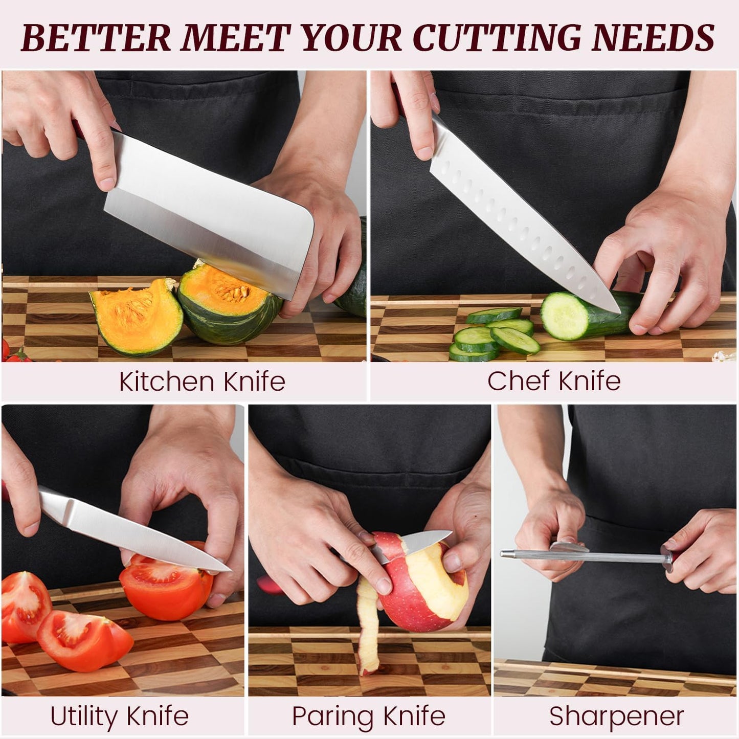 Kitchen Knife Set, Retrosohoo 9-Piece Red Sharp Non-Stick Coated Chef Knives Block Set,Stainless Steel Knife Set for Kitchen with Sharpener for Cutting Slicing Dicing Chopping (Red)