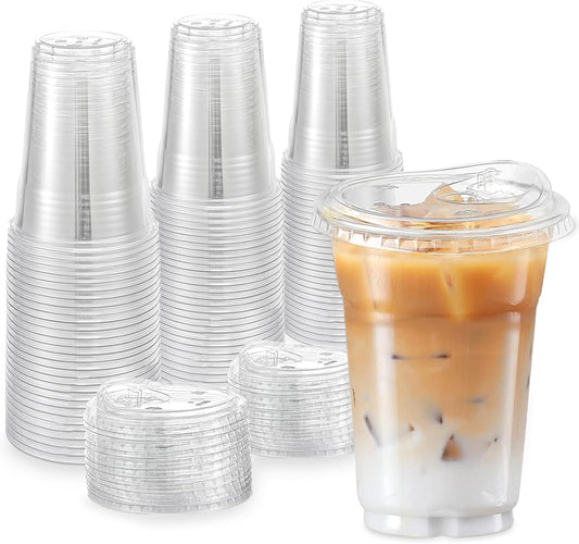 TashiBox 16oz100 Sets Clear Plastic Cups With Strawless Sip Through Lids,Clear Crystal disposable plastic cups,smoothie cups