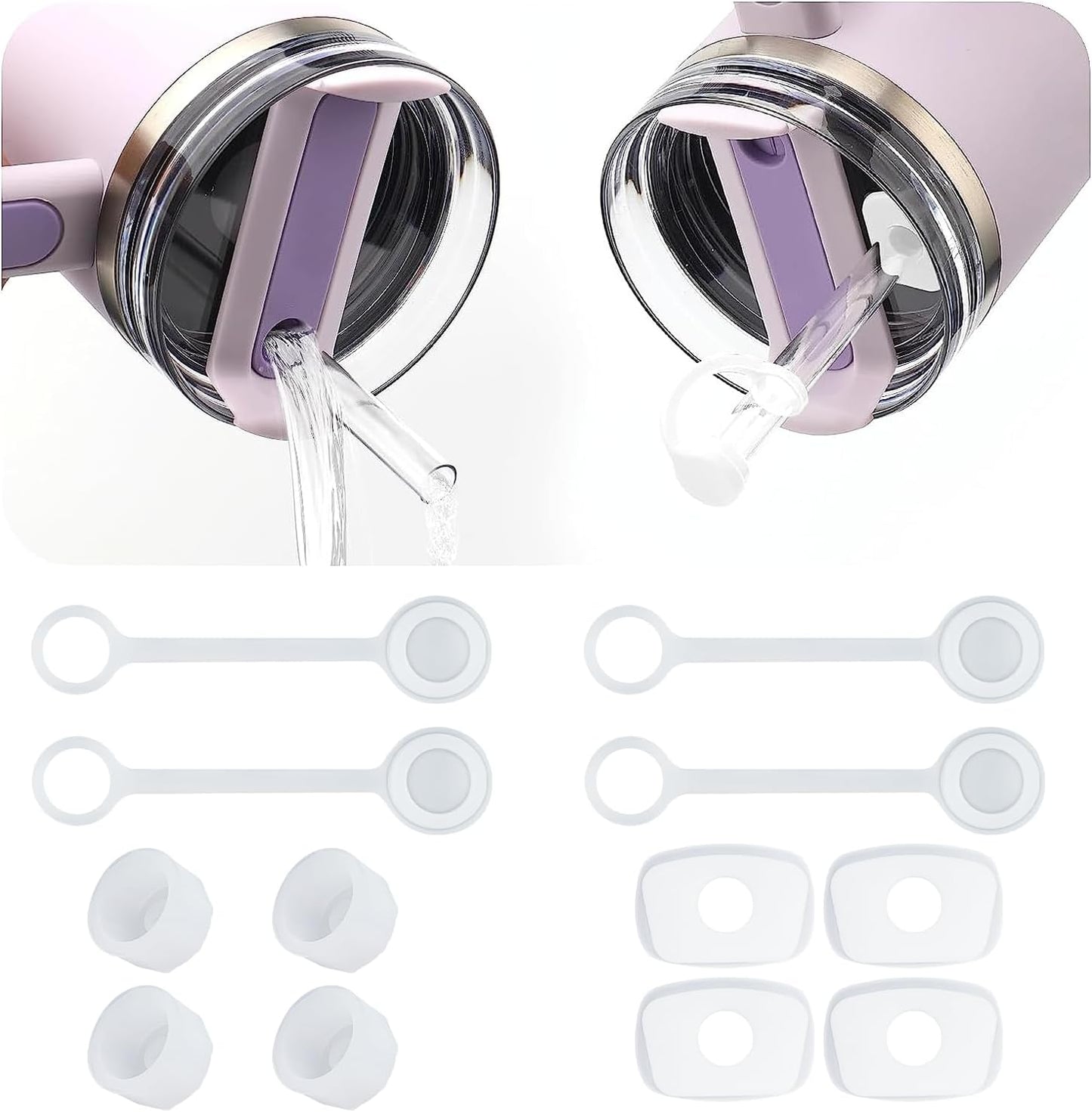 4Sets Silicone Spill Proof Stopper for Stanley 40/30 oz The Quencher H2.0 Flowstate Tumbler with Handle for Stanley Cup Accessories Include Straw Cover Cap Round Leak Stopper Square Spill Stopper