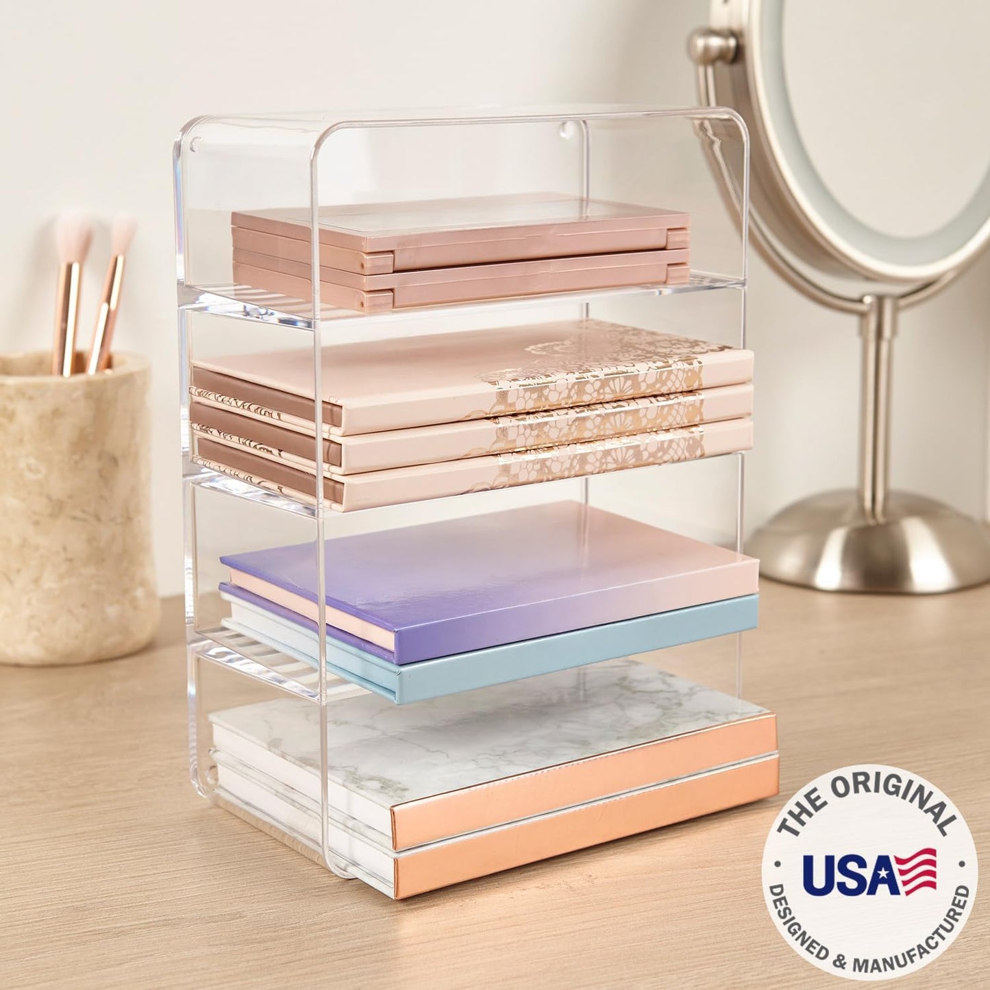 STORi 4-Compartment Clear Plastic Organizer, Rectangular Divided Makeup and Vanity Storage Bin, Use Upright for Eyeshadow Palettes, Made in USA