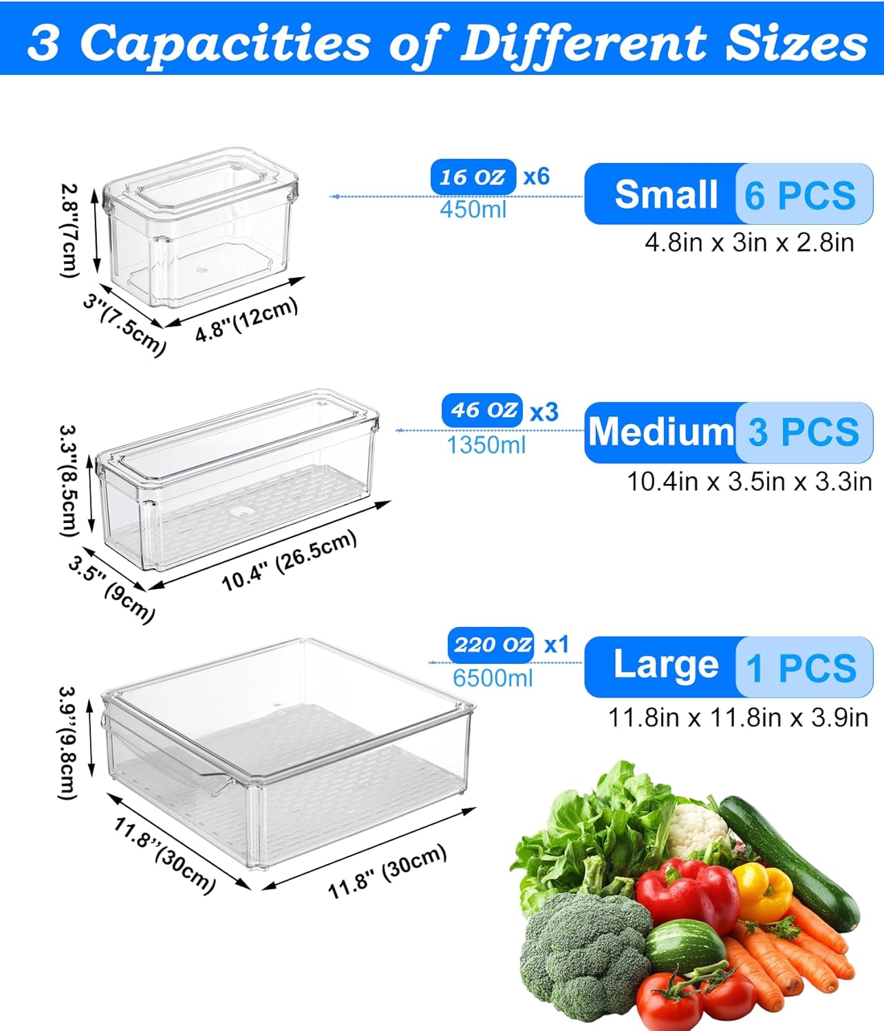 10-Pack Clear Fridge Organizer Containers with Lids, Stackable BPA-Free Refrigerator & Produce Storage Containers with Drain Tray & Anti-Slip Base for Fruits, Veggies & Drinks