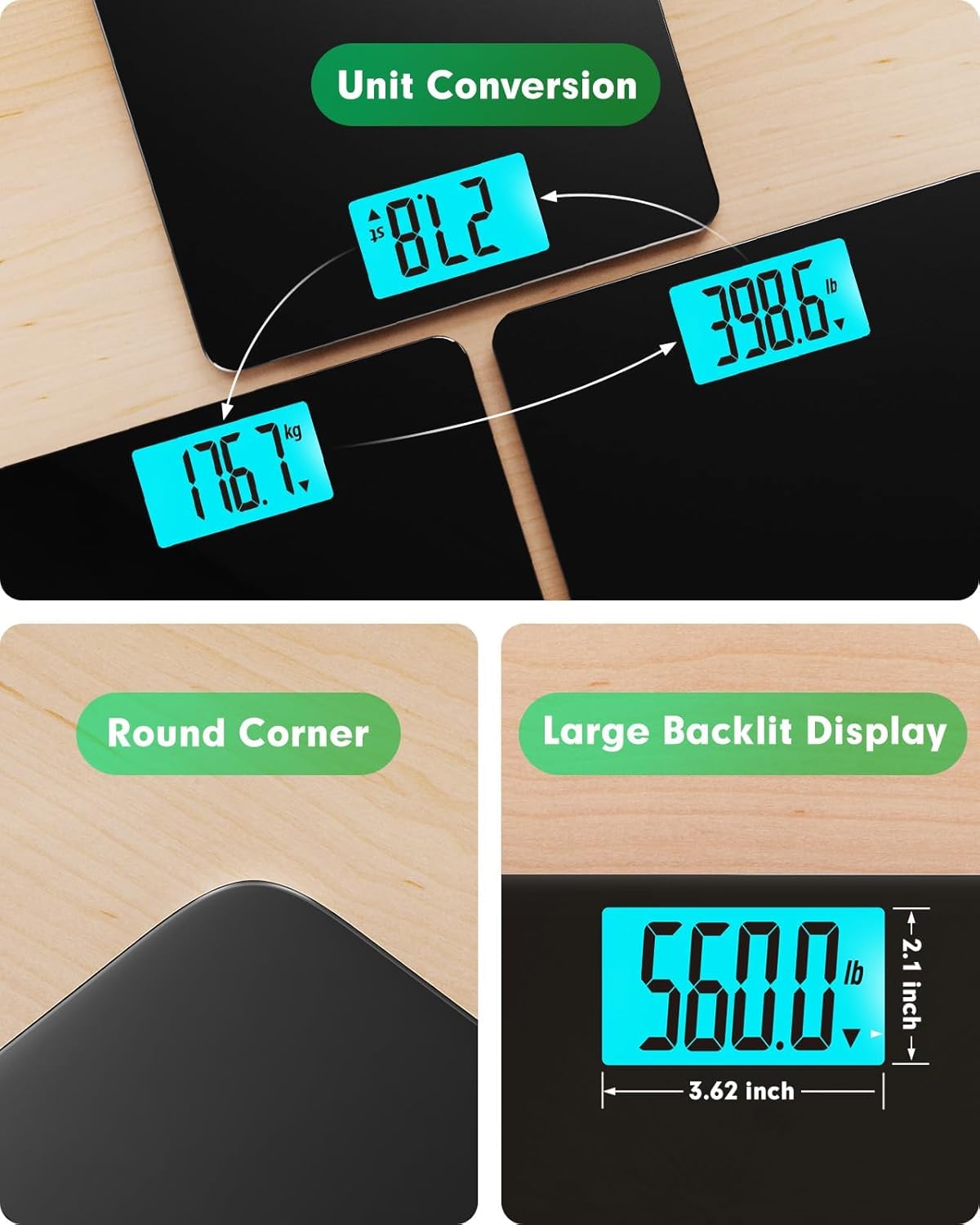 560lbs Scale for Body Weight with Ultra Wide Platform 12.2 x 12.9 inch and Large Backlit LCD Display Accurate Digital Bathroom Weighing Scales with High Capacity Over 500 lbs for Heavy People