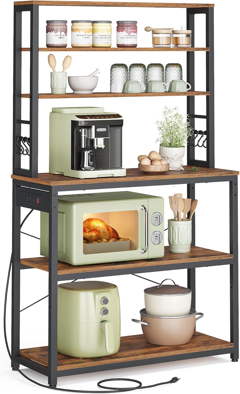 VASAGLE Bakers Rack with Power Outlet, 31.5 Inches Coffee Bar for Kitchen with Storage, 6-Tier Kitchen Shelves with 6 Hooks, Microwave Stand, Rustic Brown and Black UKKS119K01