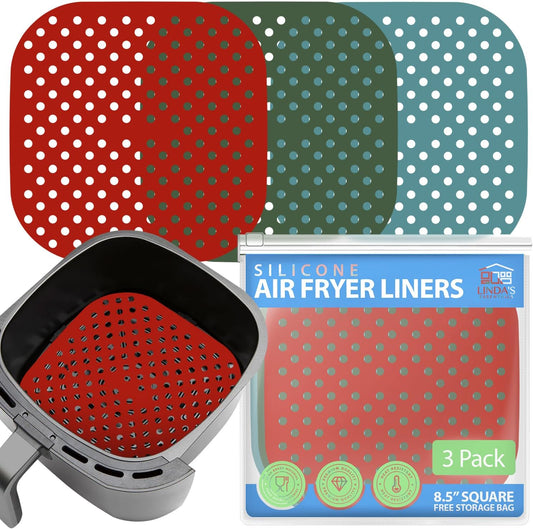 Reusable Square Silicone Air Fryer Liners (8.5 Inch, 3 Pack) by Linda’s Essentials - Non-Stick, Easy-Clean Accessories with Cheat Sheet & Recipe Book, Perfect for Quick Meals
