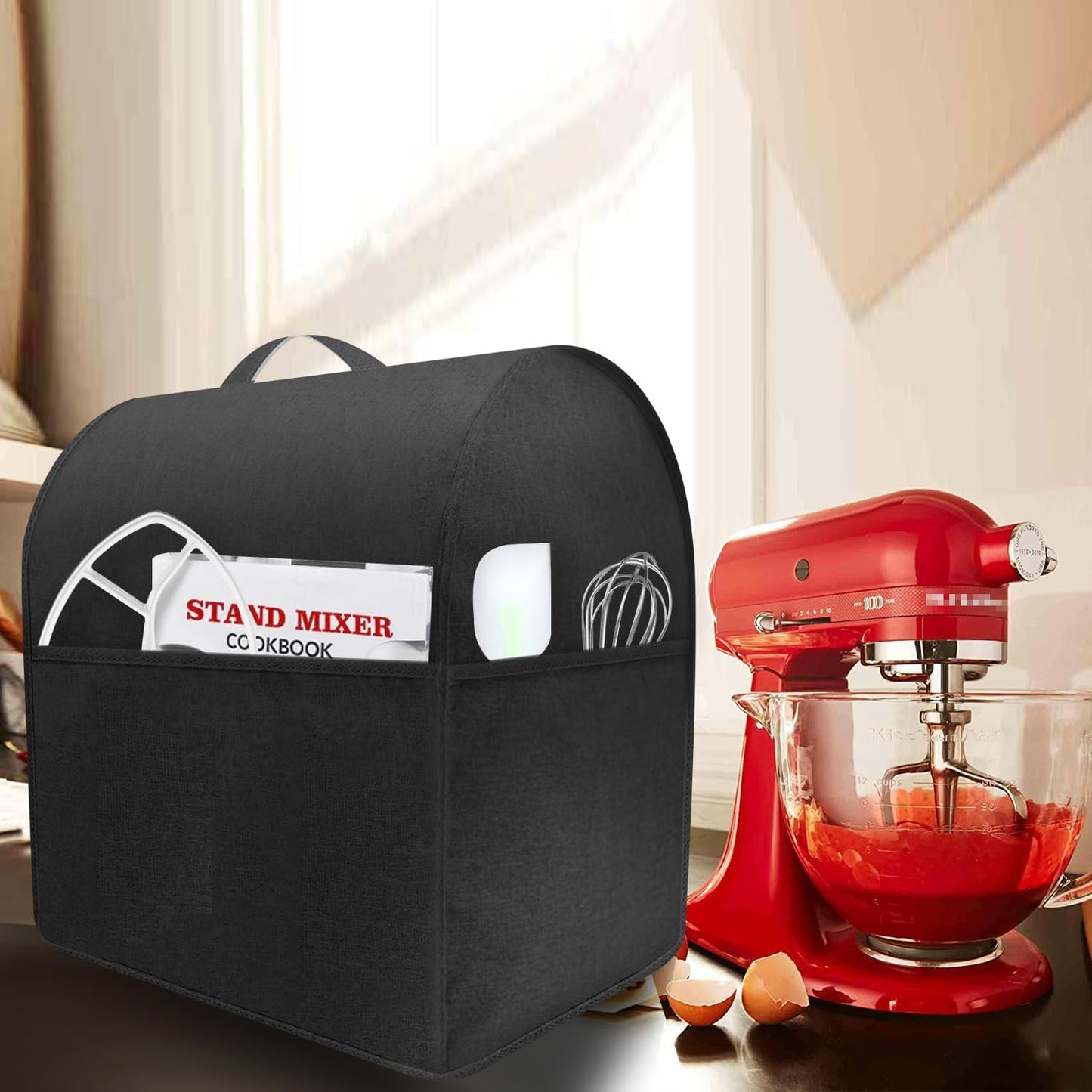 Stand Mixer Dust-proof Cover for KitchenAid Mixer，Multi Pockets for Various Kitchen Appliance Accessories，Water-resistant，Easy Cleaning (Black(New style), Fit for Tilt Head 4.5-5 Quart)
