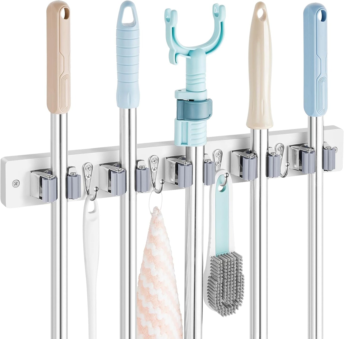 Mop and Broom Holder Wall Mount - White Broom Mop Hanger - Wall Mounted Garden Tool Rack Organizer for Closet Garage Laundry Room Kitchen Decor With 5 Slots & 4 Hooks