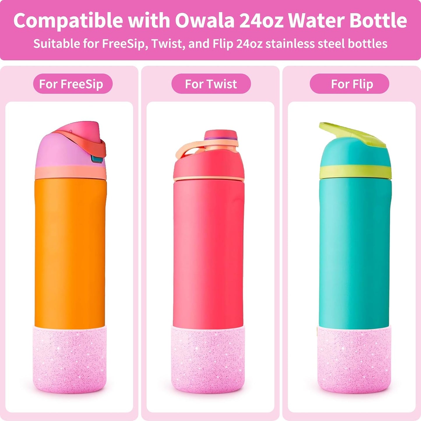 Silicone Water Bottle Boot f or Owala 24 oz, Anti-Slip Protective Sleeve for Owala Twist & FreeSip & Flip Stainless Steel Water Bottle, Boot Bottom Base for Owala (Glitter Pink)