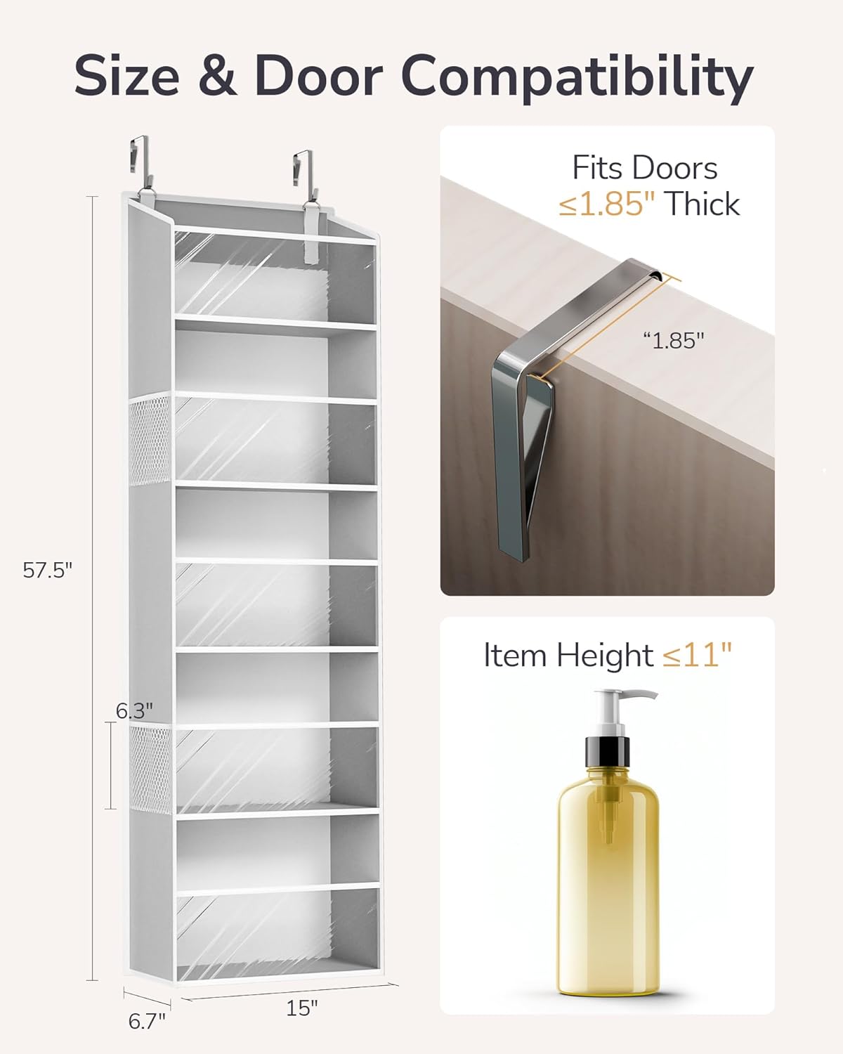 ULG Clear Over The Door Organizer 5-Tier Hanging Storage with 4 Side Pockets,Back of Door Organizer for Pantry, Bathroom, Nursery, Light Grey