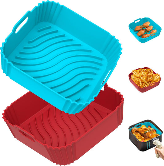 Redfly Air Fryer Silicone Liners, 9.3 Inch Square Airfryer Liners, Silicone Air Fryer Liners Reusable for 6-8 QT, Air Fryer Accessories Replacement for Parchment, Airfryer Liners Silicone Red&Blue